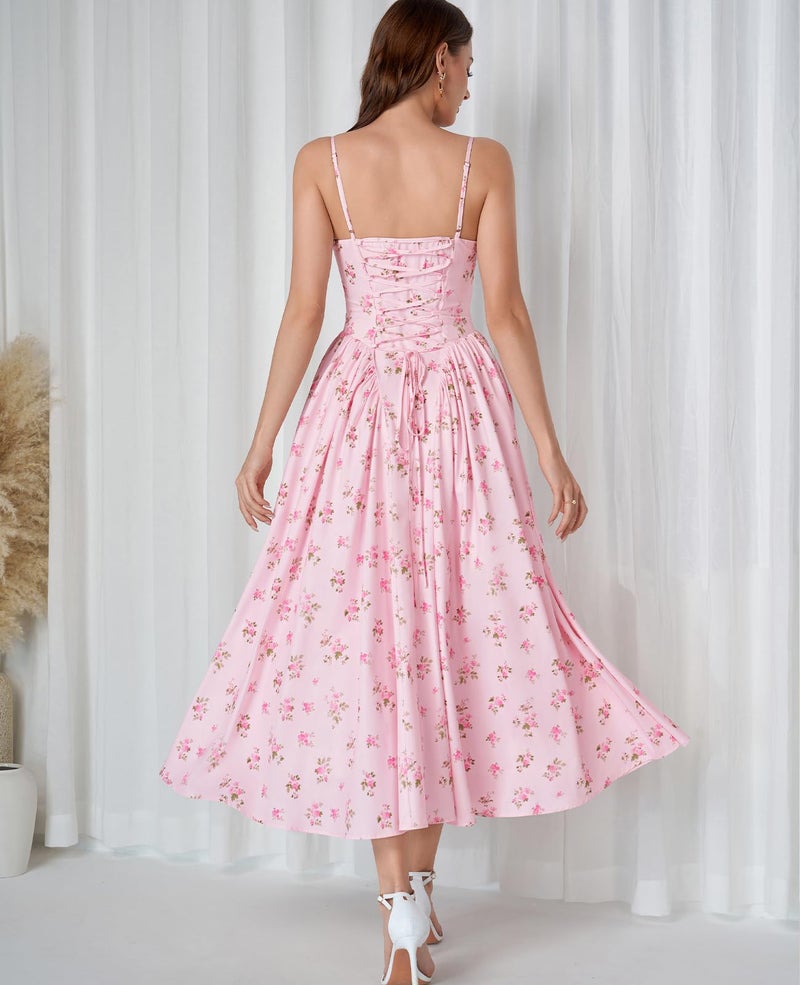 GLNEGE Women's Floral Corset Midi Dress Summer Wedding Guest Flowy Dresses V Neck Lace Up Tea Party Milkmaid Ruffle Sundress - Image 3