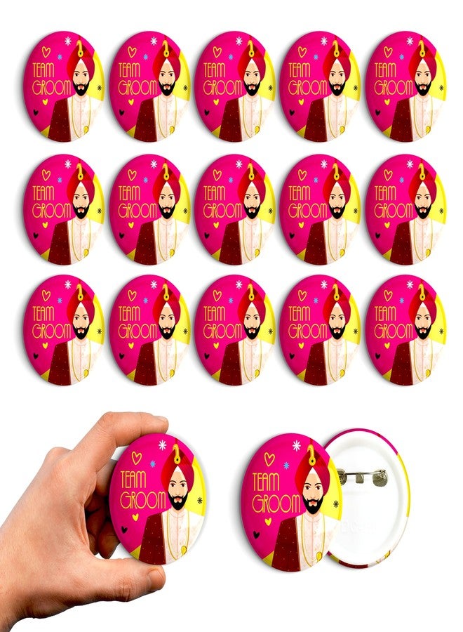 Twinster® Ladkiwale Team Bride Brooch Badges for Wedding Bride Squad | Set of 15 Laminated Round Badges With Stainless Steel Pin On Backside | Size - 2.25x2.25 Inches (Team Groom Design 3) - Image 1