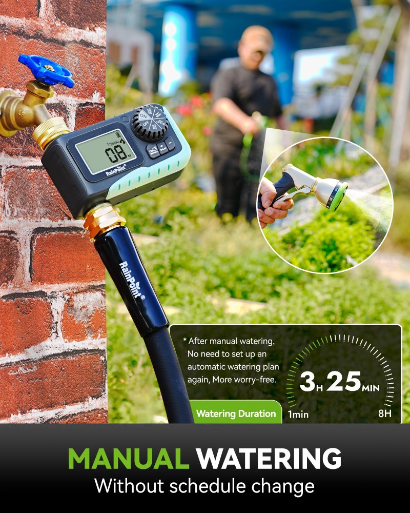 RAINPOINT Sprinkler Timer, 100% Metal Pipe Water Timer for Garden Hose, Programmable Hose Controller for Watering, Sprinkler Controller with Manual Watering/Rain Delay for Outdoor Lawn & Garden (1PCS) - Image 4