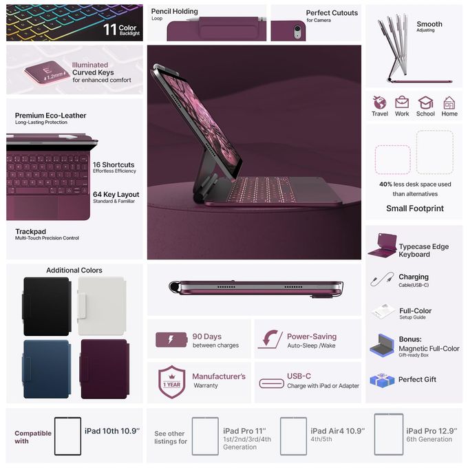 typecase Edge Keyboard For Ipad 10Th Generation (10.9", 2022) 10 Colors Backlit, Thin, Multi-Touch Trackpad, Bt, Magnetic Clasp Keyboard Case For Ipad 10Th Gen 10.9 Raspberry - Image 3
