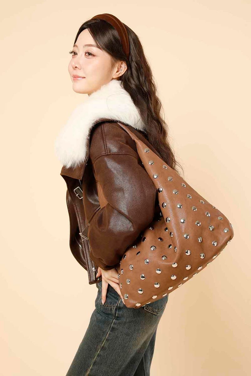 YLYYHH Vegan Leather Hobo Bag for Women, Y2K Purse Rivet Studded Shoulder Bag, Designer Punk Handbag, Slouchy Leather Tote Bag for Work, Travel, Brown - Image 3