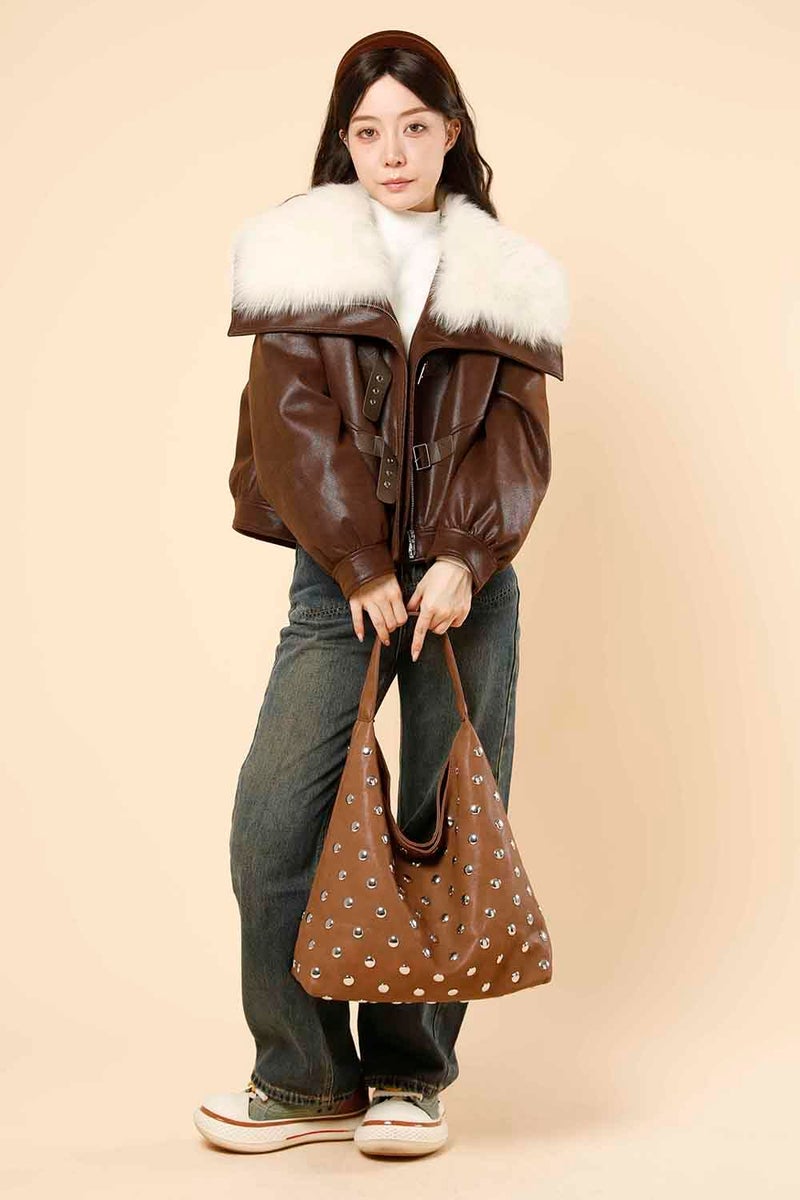 YLYYHH Vegan Leather Hobo Bag for Women, Y2K Purse Rivet Studded Shoulder Bag, Designer Punk Handbag, Slouchy Leather Tote Bag for Work, Travel, Brown - Image 2