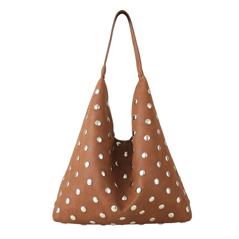 YLYYHH Vegan Leather Hobo Bag for Women, Y2K Purse Rivet Studded Shoulder Bag, Designer Punk Handbag, Slouchy Leather Tote Bag for Work, Travel, Brown - Image 1