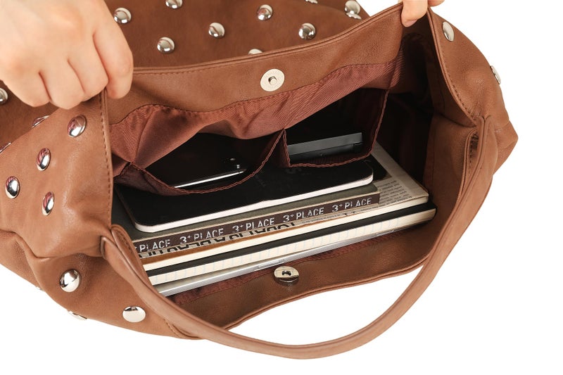 YLYYHH Vegan Leather Hobo Bag for Women, Y2K Purse Rivet Studded Shoulder Bag, Designer Punk Handbag, Slouchy Leather Tote Bag for Work, Travel, Brown - Image 5