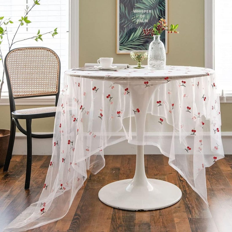 vctops Cherry Embroidery Lace Tablecloth Embroidered Lace Table Cover Overlay for Party Wedding Kitchen Dining Home Decorations Cherry 59x138 - Image 1