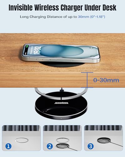 Eazpower Invisible Wireless Charger, 0-30mm Under Desk Wireless Charger, Dual Uses On or Hidden Under Table Charging Pad for Nightstand for iPhone 17/17 Pro/17 Pro Max/17 Air/16/15/14/Samsung Phone - Image 2