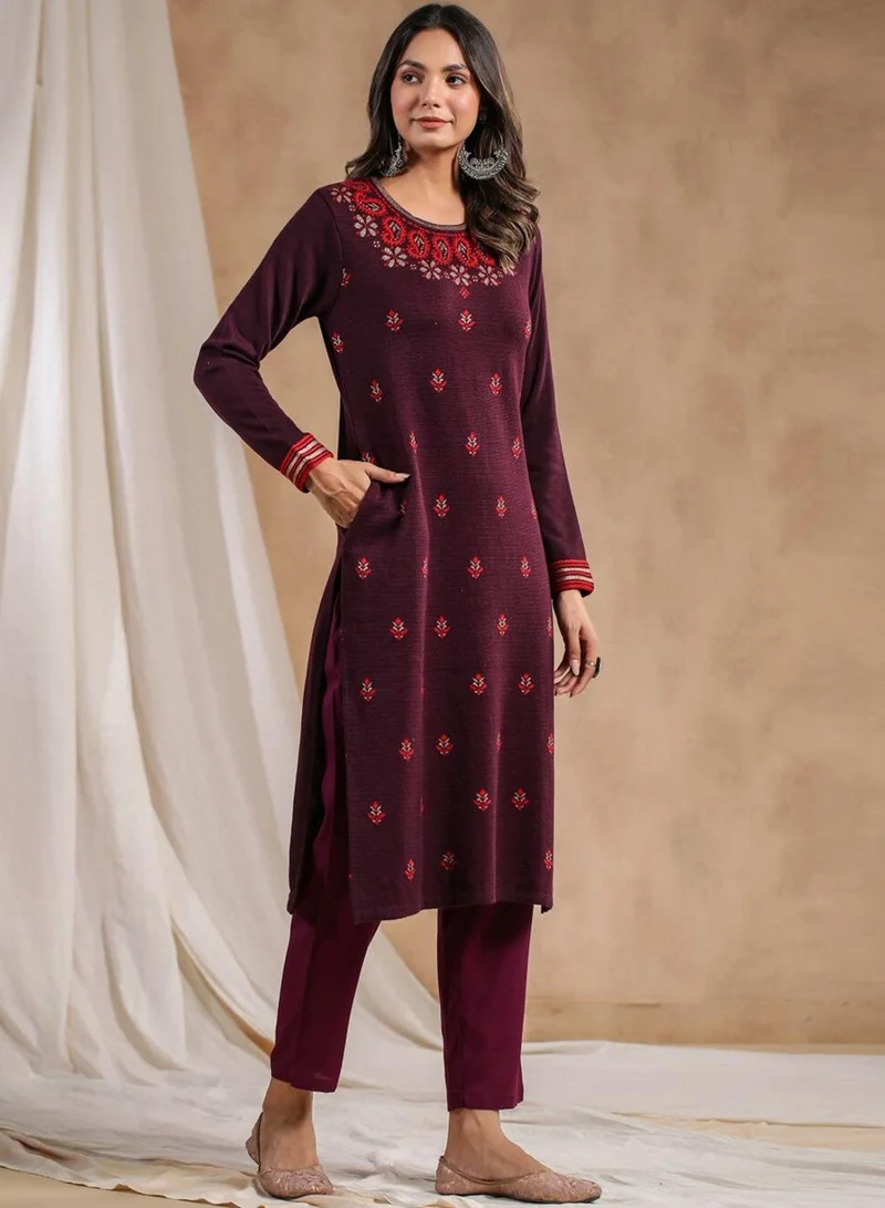 ISHIN Women's Mauve Polyester Blend Embellished Tunic Straight Fit Kurta