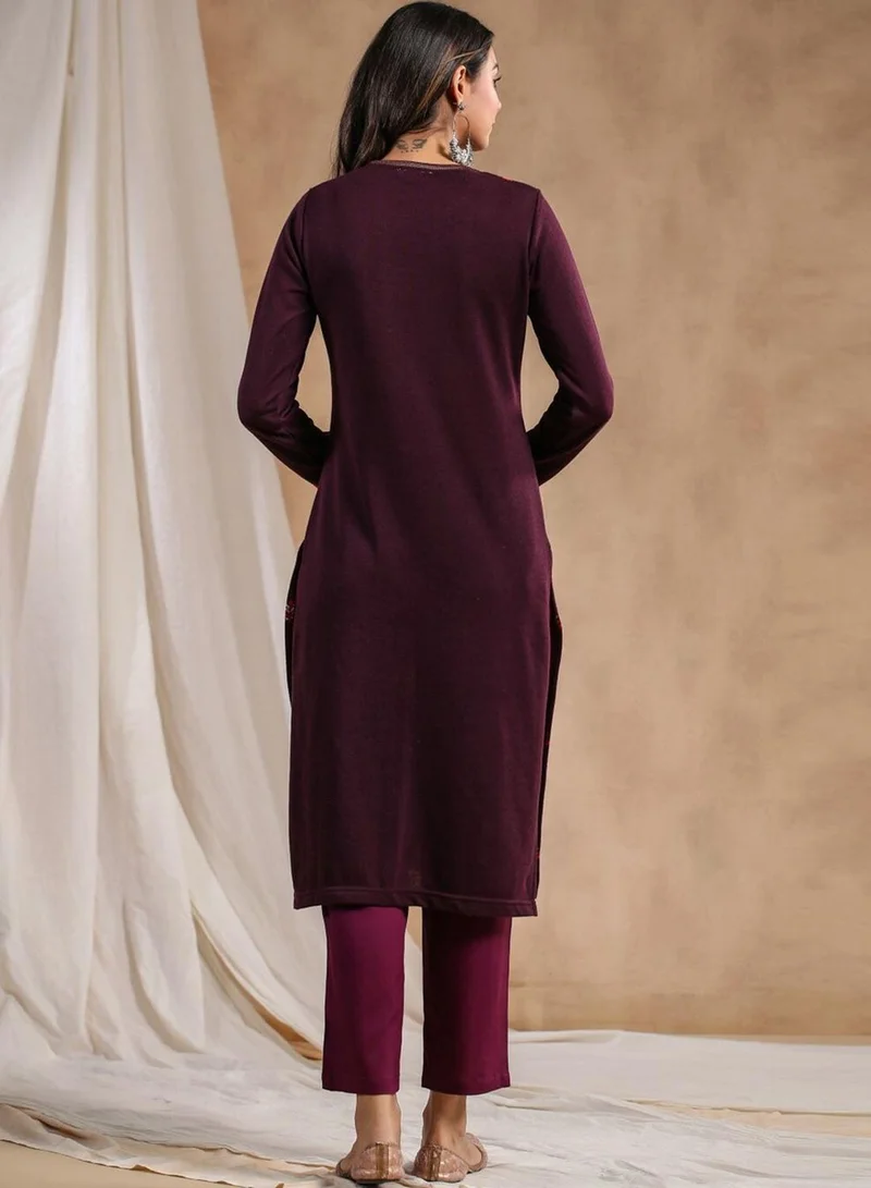 ISHIN Women's Mauve Polyester Blend Embellished Tunic Straight Fit Kurta