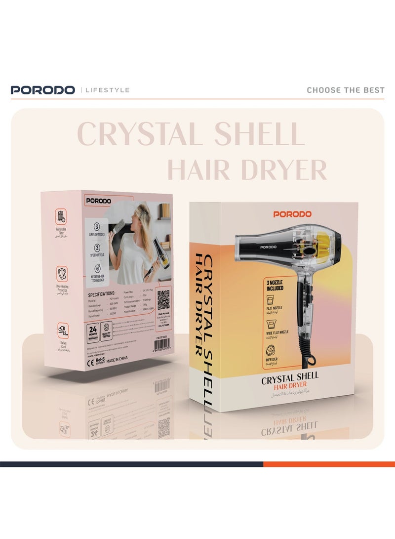 porodo Crystal Shell Hair Dryer with 3 Airflow Modes, 2 Speed Level, Hair Dryer with Removable Filter, Swivel Cord, Temperature Control, Over Heating Protection, Negative Ion Technology, 2000W Power - Image 3