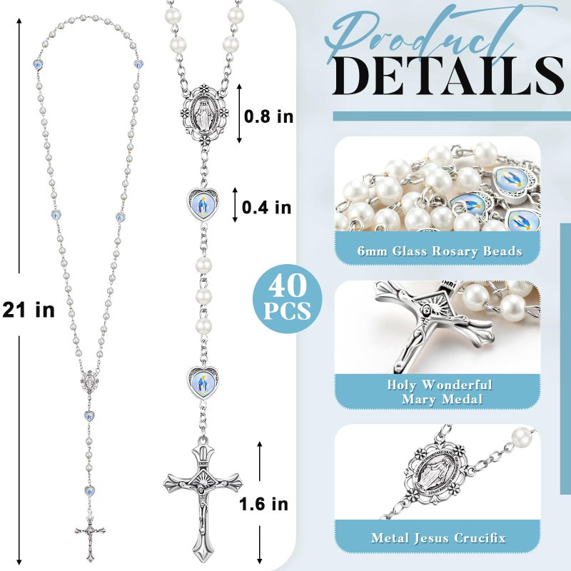 ROCEEI 20 Pcs Catholic Glass Pearl Beads Rosary Necklace 6 mm Beaded Cross Necklace with Crucifix and Rosary for Women (White) - Image 2