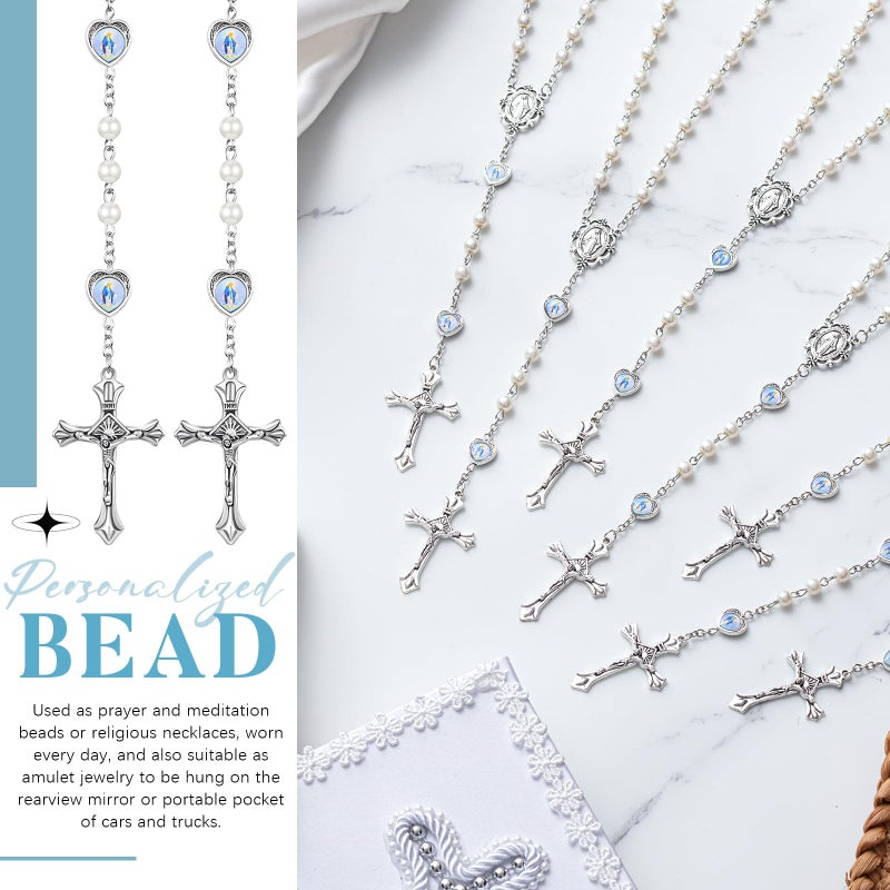 ROCEEI 20 Pcs Catholic Glass Pearl Beads Rosary Necklace 6 mm Beaded Cross Necklace with Crucifix and Rosary for Women (White) - Image 4