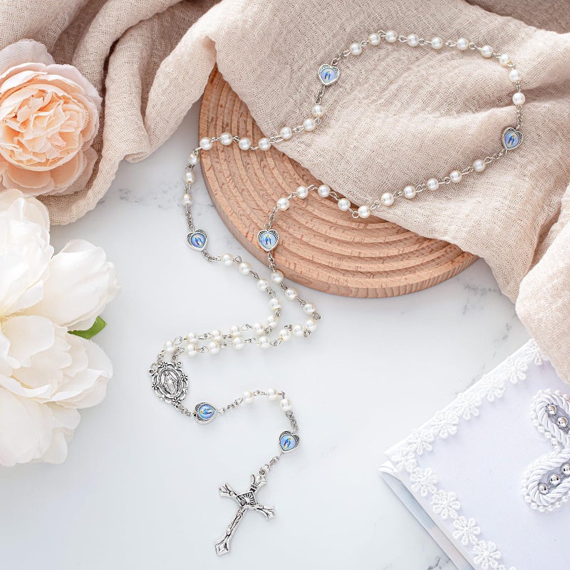 ROCEEI 20 Pcs Catholic Glass Pearl Beads Rosary Necklace 6 mm Beaded Cross Necklace with Crucifix and Rosary for Women (White) - Image 5