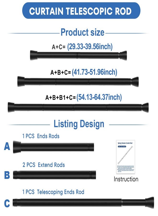 QINGYUN Shower Curtain Rod Adjustable Curtain Rods 33-59 Inch Black Shower Rod Curtain Rods no Drilling Expandable Tension Curtain Rod Spring Curtain Rod for Bathroom Closet Doorway Door - Image 2
