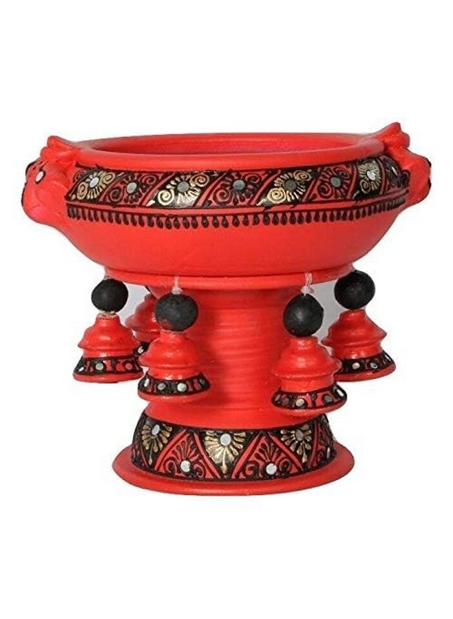 Shabana Art Potteries Handmade Earthenware Decorative Flower Pot/Urli - Red (Dia - 8 Inch With Stand), 750 ML - Image 3