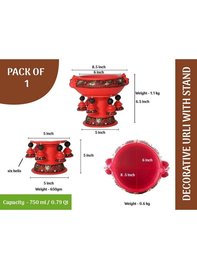 Shabana Art Potteries Handmade Earthenware Decorative Flower Pot/Urli - Red (Dia - 8 Inch With Stand), 750 ML - Image 4