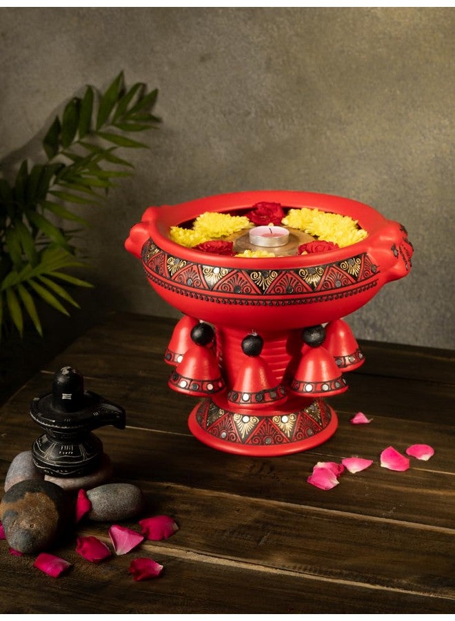 Shabana Art Potteries Handmade Earthenware Decorative Flower Pot/Urli - Red (Dia - 8 Inch With Stand), 750 ML - Image 2
