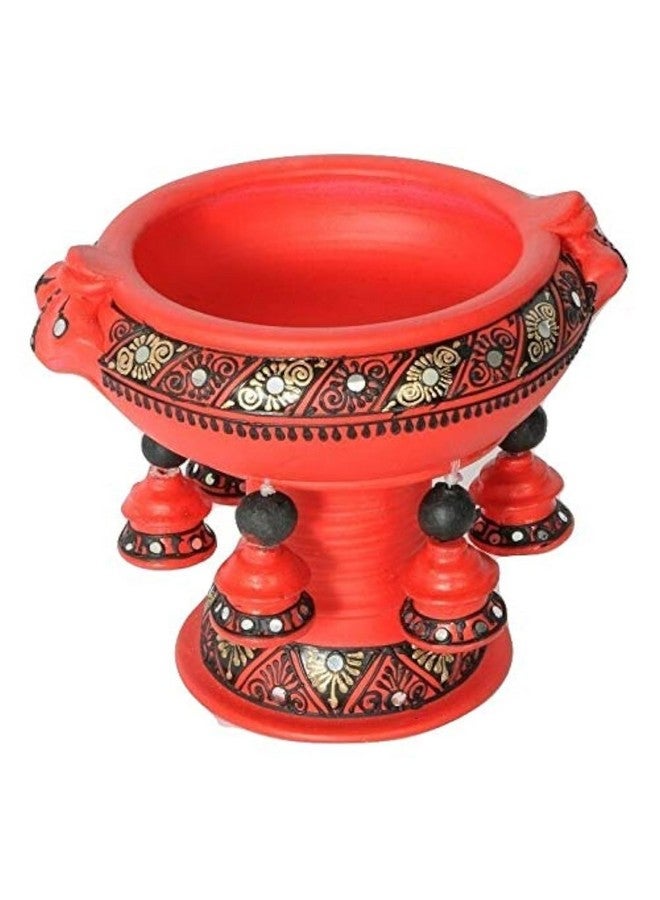 Shabana Art Potteries Handmade Earthenware Decorative Flower Pot/Urli - Red (Dia - 8 Inch With Stand), 750 ML - Image 1