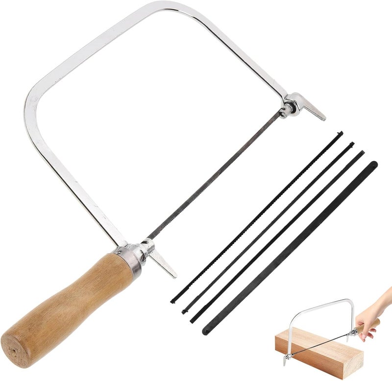 Mini Hand Coping Saw with Wooden Handle, 7-inch U-shaped Frame, 4 Replacement Blades, Precision Woodworking Tool for Cutting Wood, Plastic, Rubber, and Soft Metal - Image 1