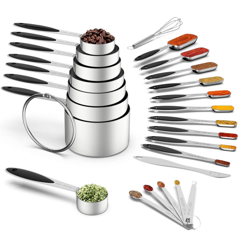 Measuring Cups and Measuring Spoons Set Wildone Stainless Steel 8 Measuring Cups 10 Measuring Spoons 1 Leveler 1 Whisk  5 Mini Spoons for Dry and Liquid Ingredient  25 Piece Black