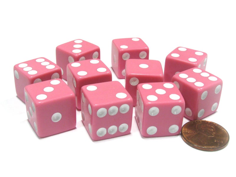 Koplow Games Set of 10 Six Sided Square Opaque 16mm D6 Dice - Pink with White Pip Die - Image 4