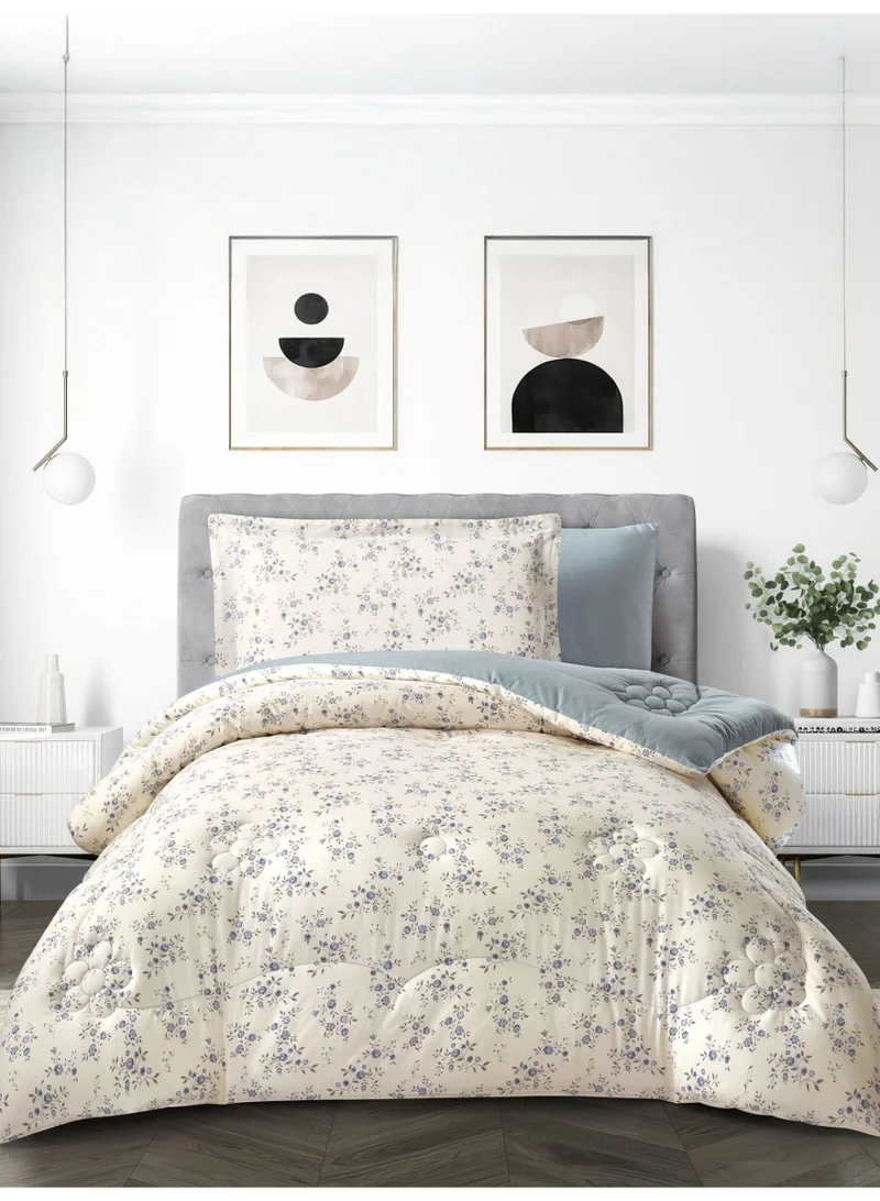 Donetella Cotton 4-Piece Single Comforter Bedding Set Fits 140x200 cm – 350 GSM Filling with Fitted Sheet, Pillow Shams & Pillowcases, Stylish Printed Elegance