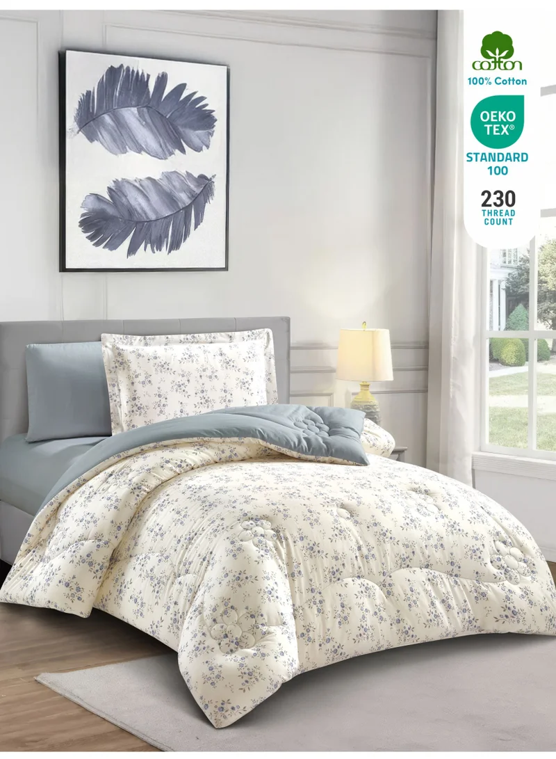 Donetella Cotton 4-Piece Single Comforter Bedding Set Fits 140x200 cm – 350 GSM Filling with Fitted Sheet, Pillow Shams & Pillowcases, Stylish Printed Elegance