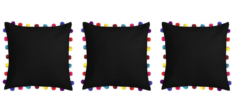 Lushomes Cushion Cover 20x20 Boho Cushion Covers Sofa Pillow Cover Cushion Covers with Tassels Cushion Cover with pom pom 20x20 Inches Set of 3 Black - Image 1