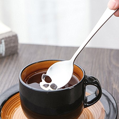 CILEONBE 304 Stainless Steel Skull Sugar Spoon Dessert Tea Coffee Stirring Spoon Set of 6 (Black) - Image 3