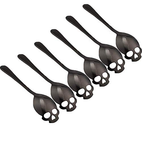 CILEONBE 304 Stainless Steel Skull Sugar Spoon Dessert Tea Coffee Stirring Spoon Set of 6 (Black) - Image 1