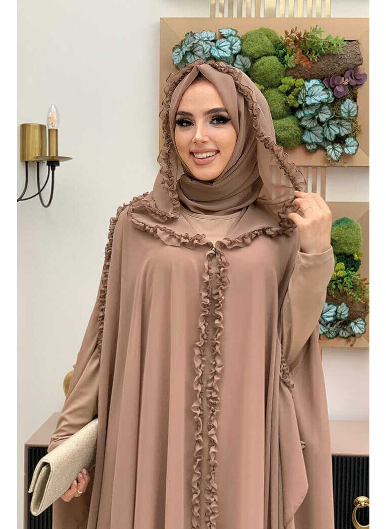 Bym Fashion - Bym Hooded Abaya Dress Evening Dress Suit with Ruffle Detail on Certain Parts 3778 Mink - Image 1