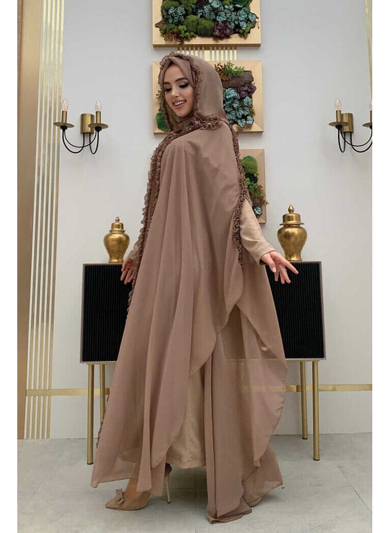 Bym Fashion - Bym Hooded Abaya Dress Evening Dress Suit with Ruffle Detail on Certain Parts 3778 Mink - Image 1