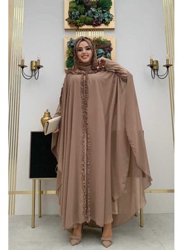 Bym Hooded Abaya Dress Evening Dress Suit with Ruffle Detail on Certain Parts 3778 Mink