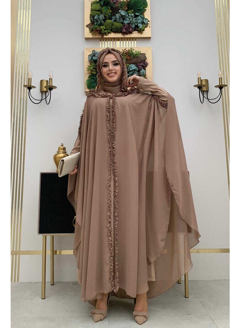 Bym Fashion - Bym Hooded Abaya Dress Evening Dress Suit with Ruffle Detail on Certain Parts 3778 Mink - Image 1