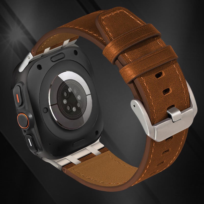 erorex For Samsung Galaxy Watch Ultra 47Mm / Ultra 2025 Crazy Horse Leather Watch Band(Red Brown+Titanium Buckle) - Image 2