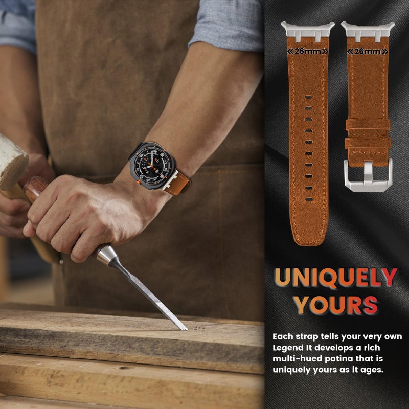 erorex For Samsung Galaxy Watch Ultra 47Mm / Ultra 2025 Crazy Horse Leather Watch Band(Red Brown+Titanium Buckle) - Image 3