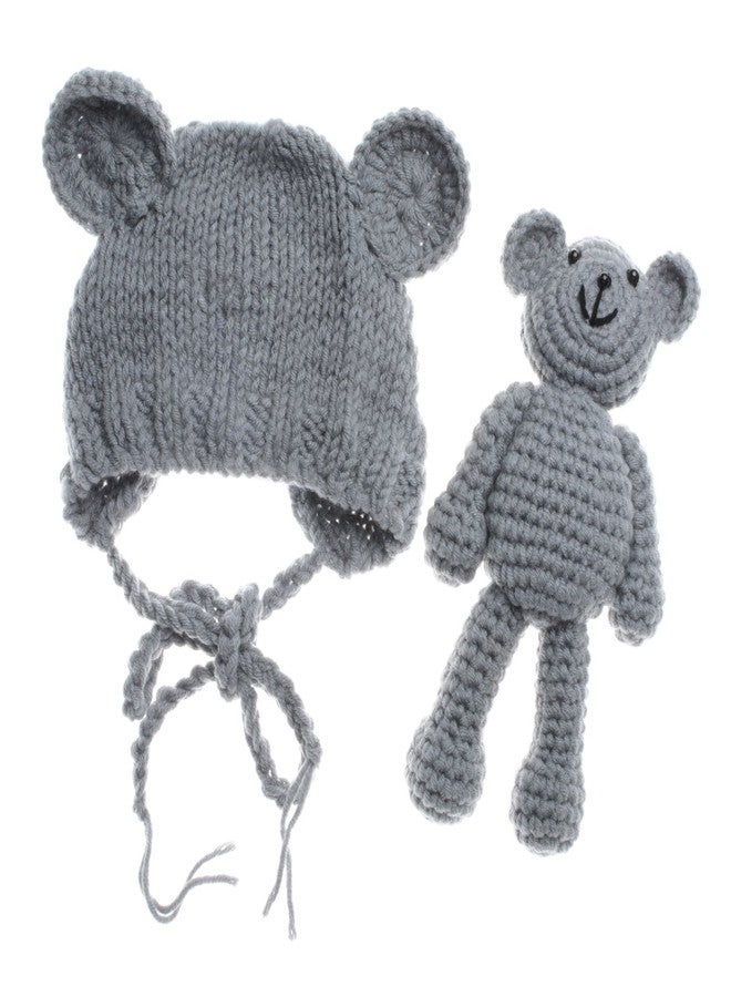 ECYC Newborn Baby Bear Hat Beanie with Bear Dolls Photography Accessories Grey - Image 1