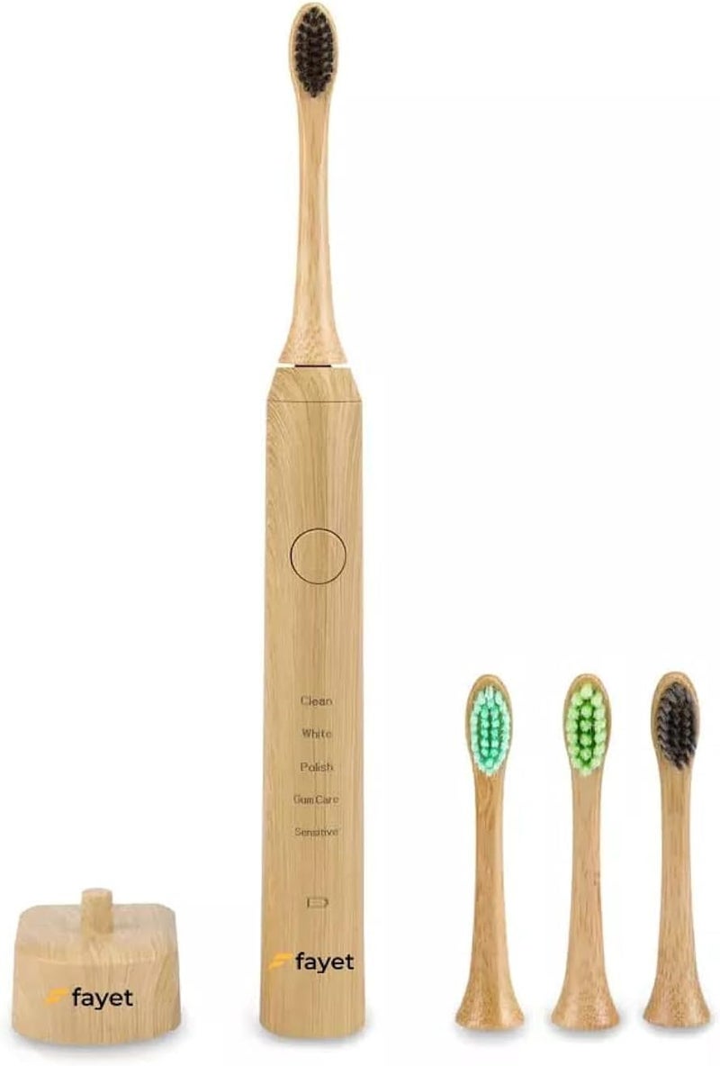 FAYET Electric Bamboo Toothbrush, IPX8 Waterproof, Smart Sonic Electric Toothbrush 3 Replaceable Bamboo Toothbrush Head，5 Mode Rechargeable Electric Bamboo Toothbrush for Adults and Kids - Image 1