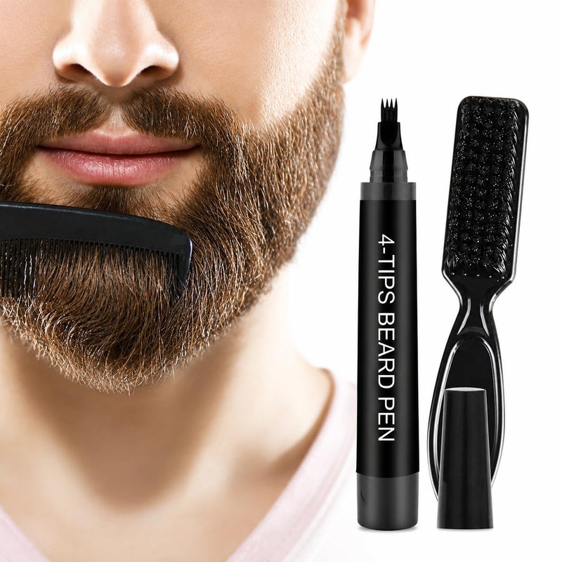 Beard & Mustache Filler Pen for Men 2 in 1 with 4-Point Fine Point Tip & Blending Brush & Comb for Face & Front Headline - Waterproof & Sweatproof Formula for Long Lasting Natural & Attractive Look - Image 1