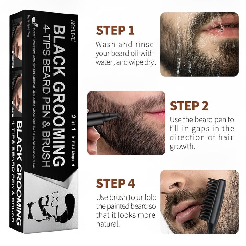 Beard & Mustache Filler Pen for Men 2 in 1 with 4-Point Fine Point Tip & Blending Brush & Comb for Face & Front Headline - Waterproof & Sweatproof Formula for Long Lasting Natural & Attractive Look - Image 5