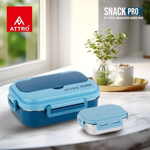 ATTRO Snackpro Plastic Lunch Box Airtight & Leak Proof Containers with Plastic Fork for Office Use, School, Picnic, 800Ml - Sky Blue - Image 4