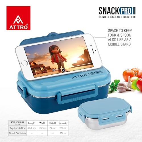 ATTRO Snackpro Plastic Lunch Box Airtight & Leak Proof Containers with Plastic Fork for Office Use, School, Picnic, 800Ml - Sky Blue - Image 2