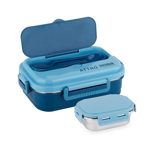 ATTRO Snackpro Plastic Lunch Box Airtight & Leak Proof Containers with Plastic Fork for Office Use, School, Picnic, 800Ml - Sky Blue - Image 1