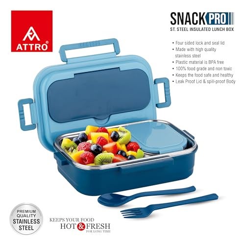 ATTRO Snackpro Plastic Lunch Box Airtight & Leak Proof Containers with Plastic Fork for Office Use, School, Picnic, 800Ml - Sky Blue - Image 3
