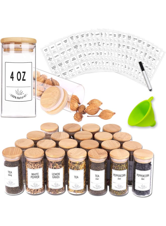 QUESERA 24 Glass Spice Jars with Bamboo Airtight Lids 400 Spice Labels Funnel and Chalk Marker Set Spice Containers 4 OZ Glass Storage Jars - Image 1
