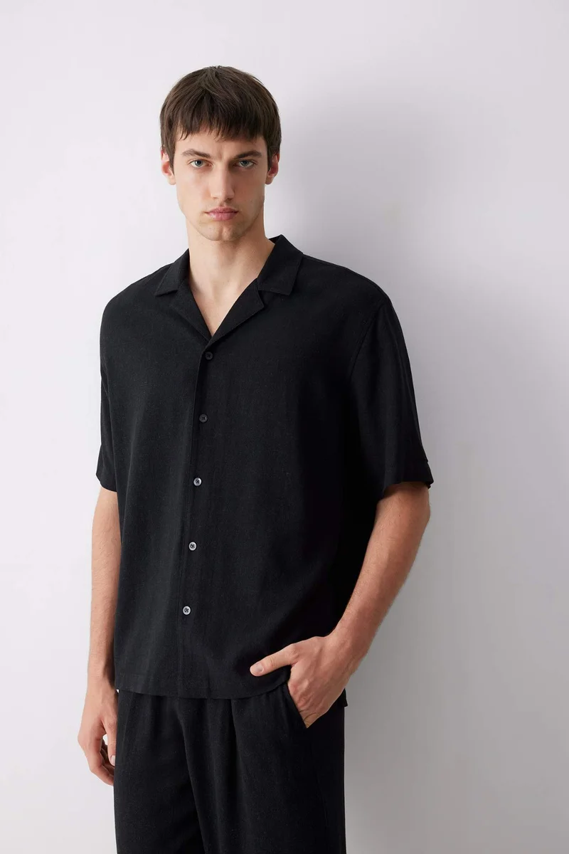 DeFacto Relax Fit Polo Neck Cotton Summer Black Shirt