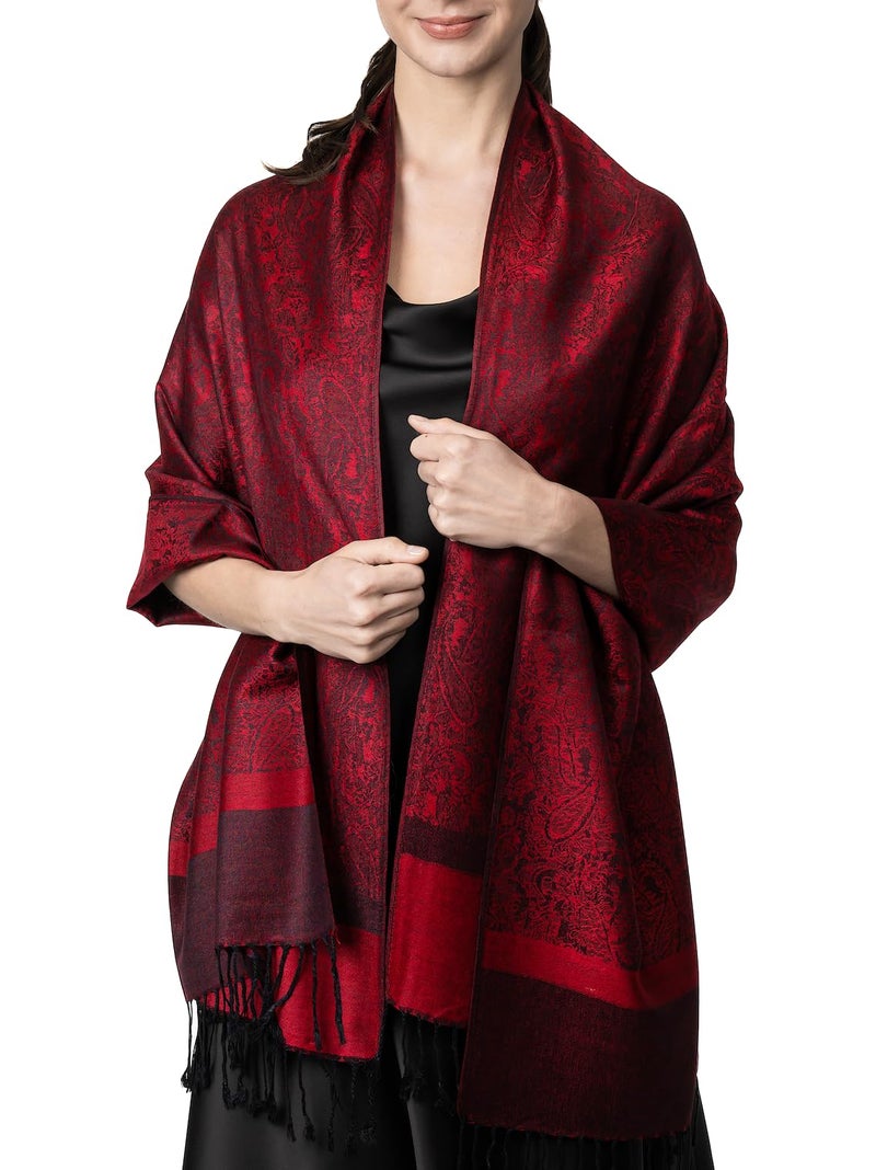 Achillea Two Tone Vintage Jacquard Paisley Pashmina Shawl Wrap Scarf (Burgundy) - Image 1