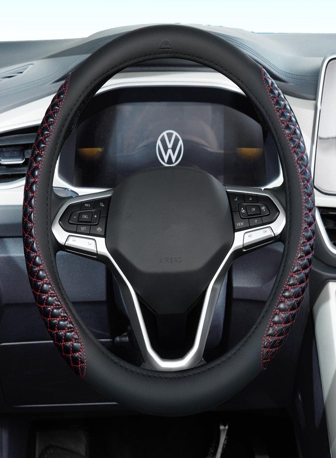 Coverado Car Steering Wheel Cover, Nappa Leather Black & Redline Steering Wheel Covers, Universal 14-15 inch, Anti-Slip, Breathable Steering Wheel Protector for Women Men - Image 1