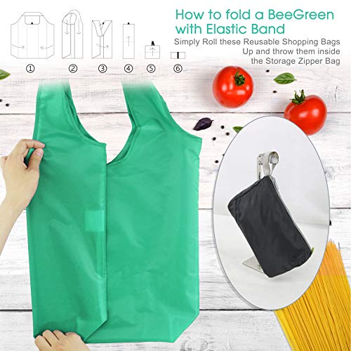 BeeGreen Groceries Reusable Bags for Shopping Compact Cute Solid Color Cloth Grocery Totes Set of 12 Fold up Packable Recycling Shopper Baggies w Zipper Carry Pouch for Supermarket - Image 3