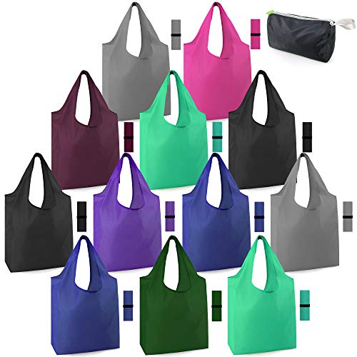 BeeGreen Groceries Reusable Bags for Shopping Compact Cute Solid Color Cloth Grocery Totes Set of 12 Fold up Packable Recycling Shopper Baggies w Zipper Carry Pouch for Supermarket - Image 1