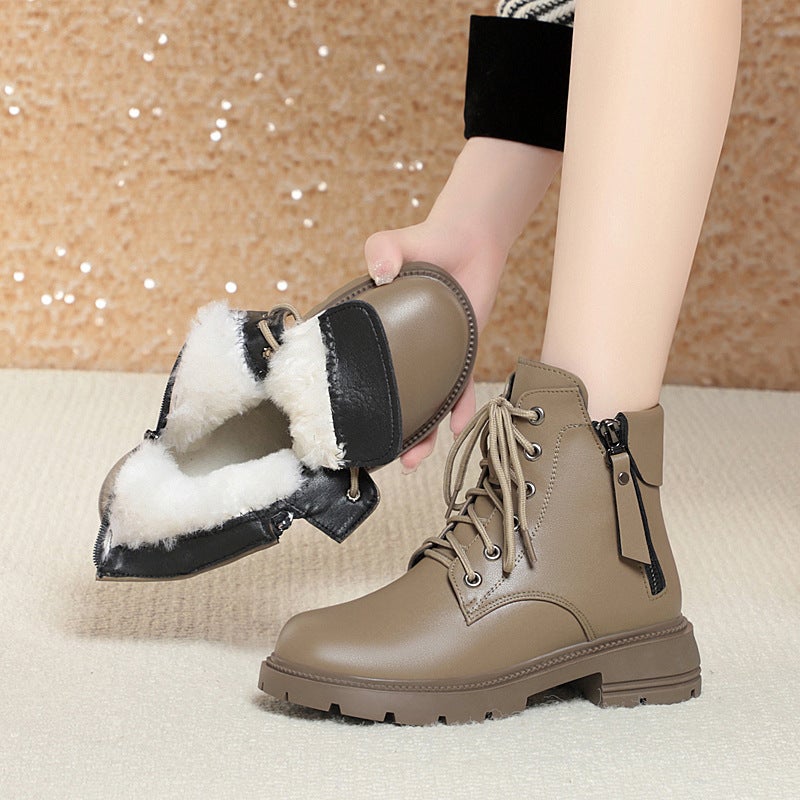 In stock 2023 autumn and winter new women's round toe women's cotton shoes side zipper high heel casual women's shoes mother leather boots - Image 4